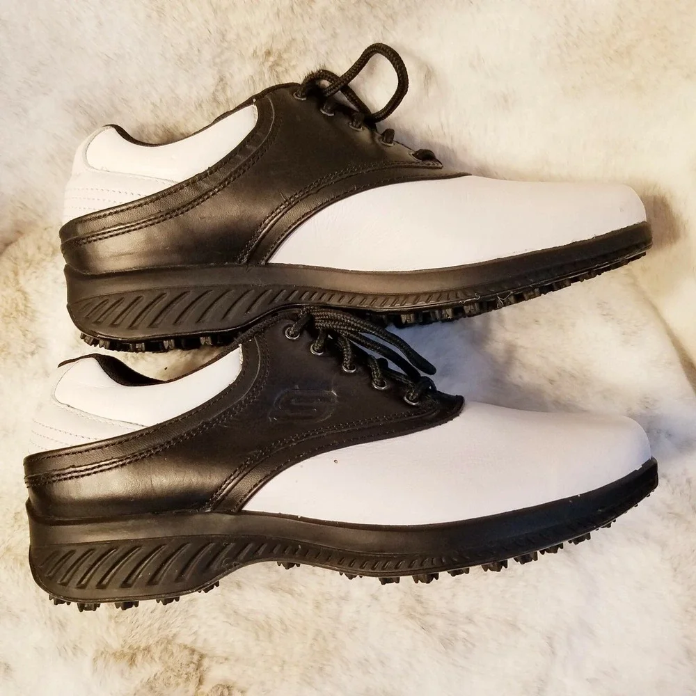 Skechers Mens Golf Shoes 6.5‎ Black White Leather Oxford Round Toe Rubber 52026